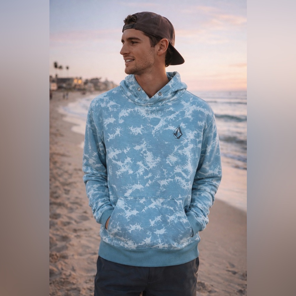 Volcom Tie Dye Camo Hoodie Teal Blue Oversized Pullover Fleece Sweatshirt Small